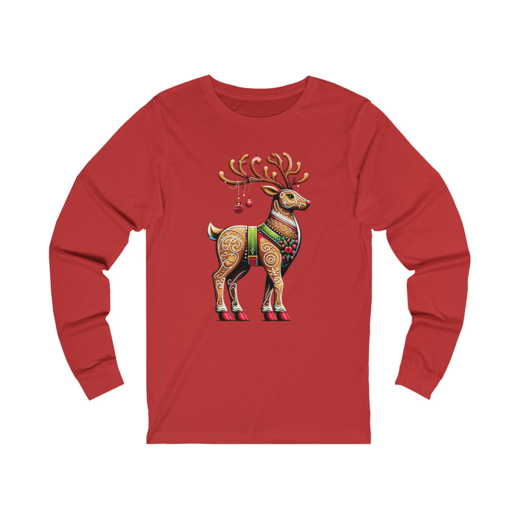 Decorative reindeer design on unique tshirt unisex long sleeve