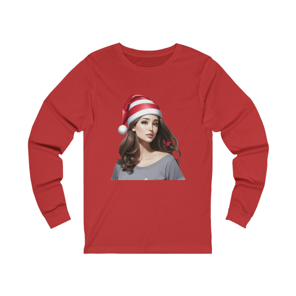 Woman wearing a Santa hat with festive decorations.