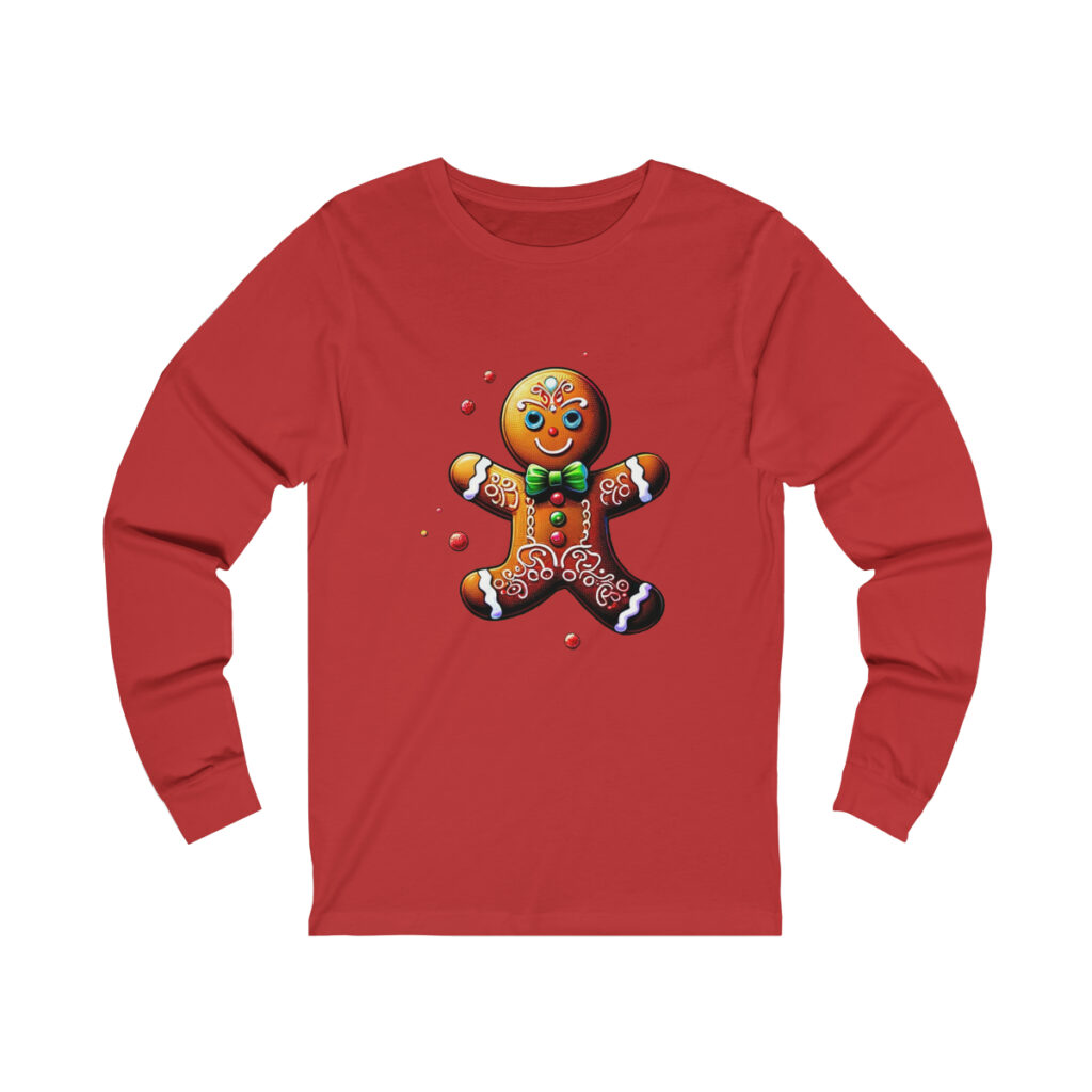 Gingerbread man design on unique tshirt unisex long sleeve