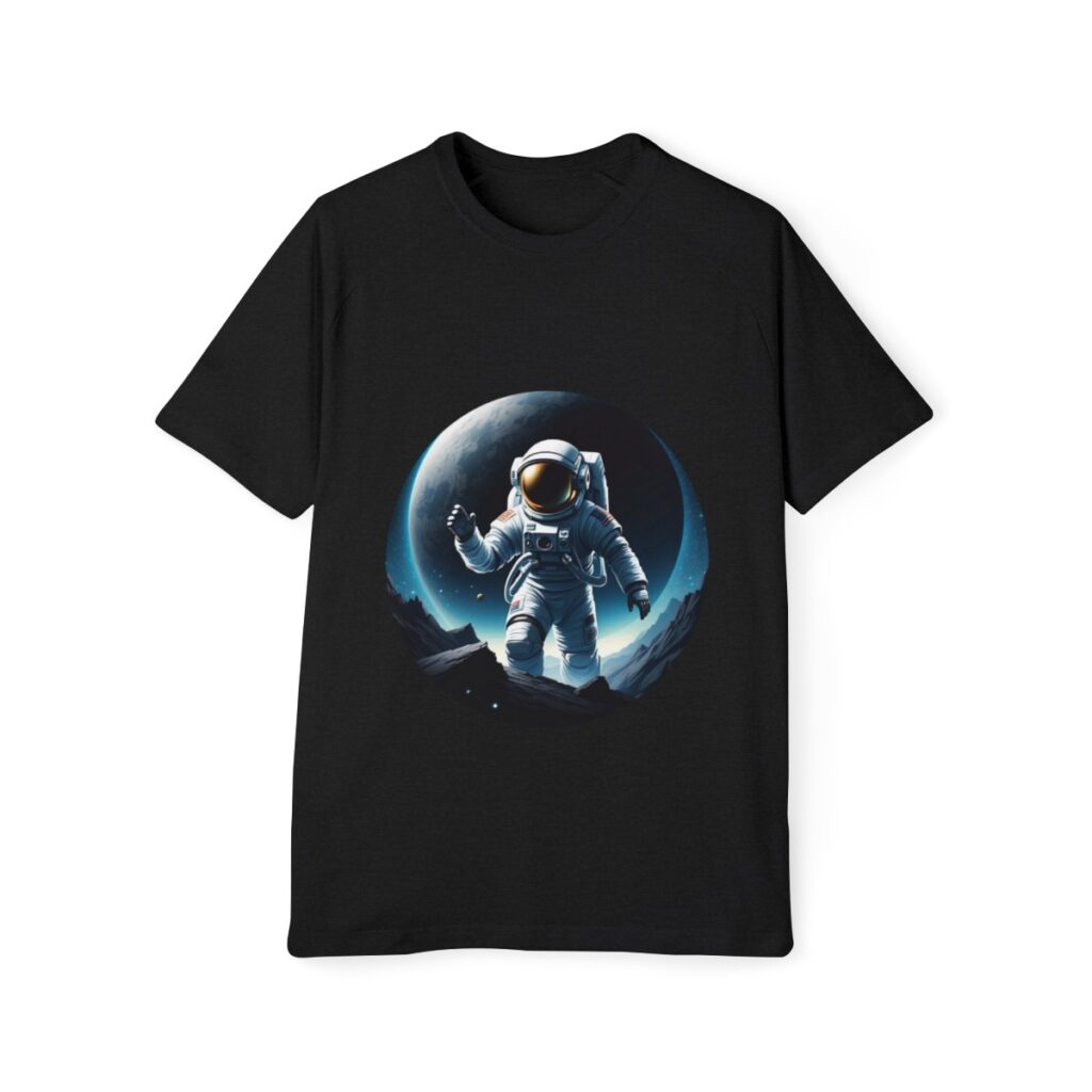 A men's raglan t-shirt featuring a graphic of an astronaut in space, showcasing a unique design tshirt.