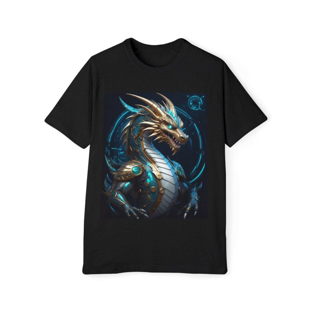 A men's raglan t-shirt showcasing a cyber dragon design, combining futuristic elements with fantasy in a modern design tshirt.