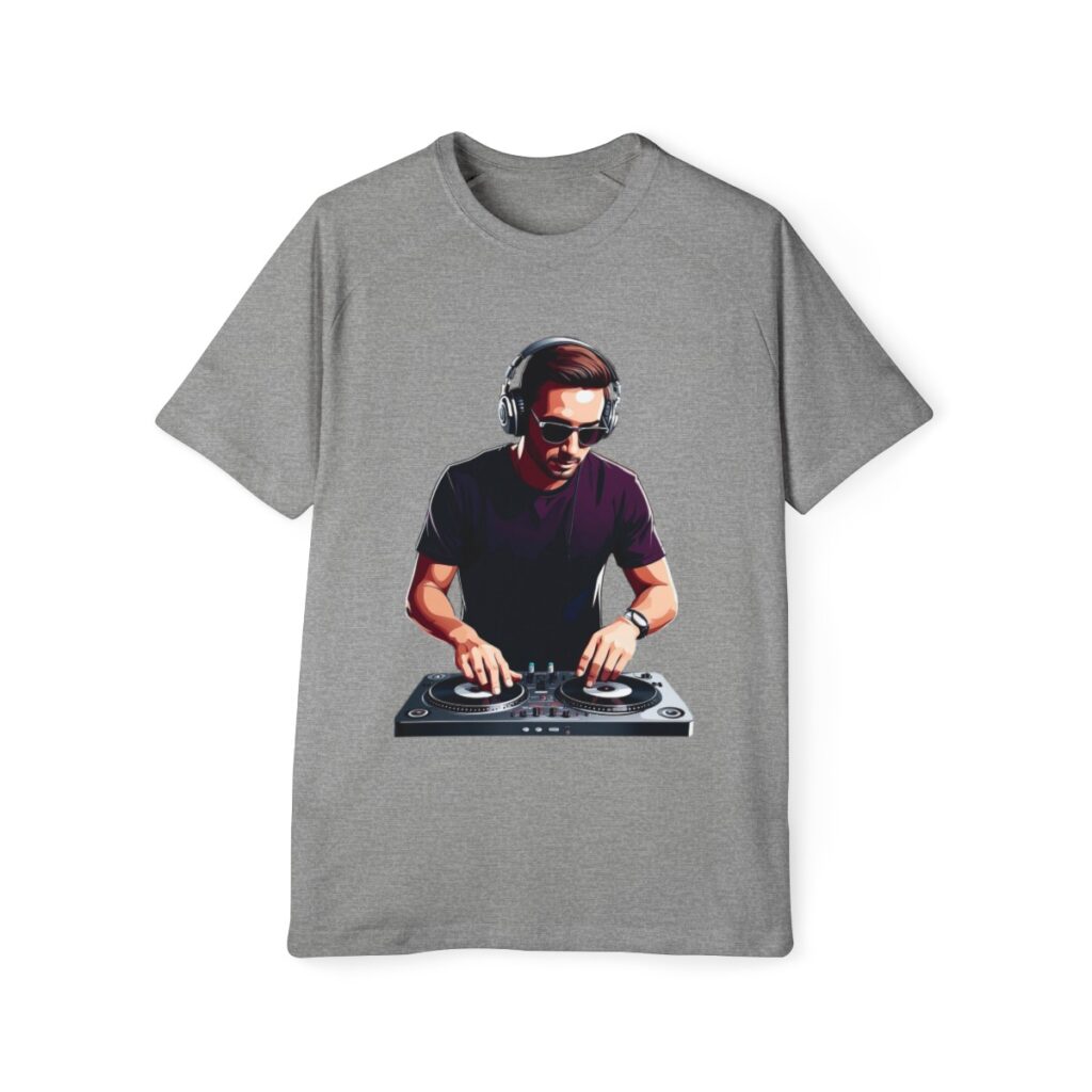 A men's raglan t-shirt featuring a DJ graphic design, showcasing a stylish and musical design tshirt.