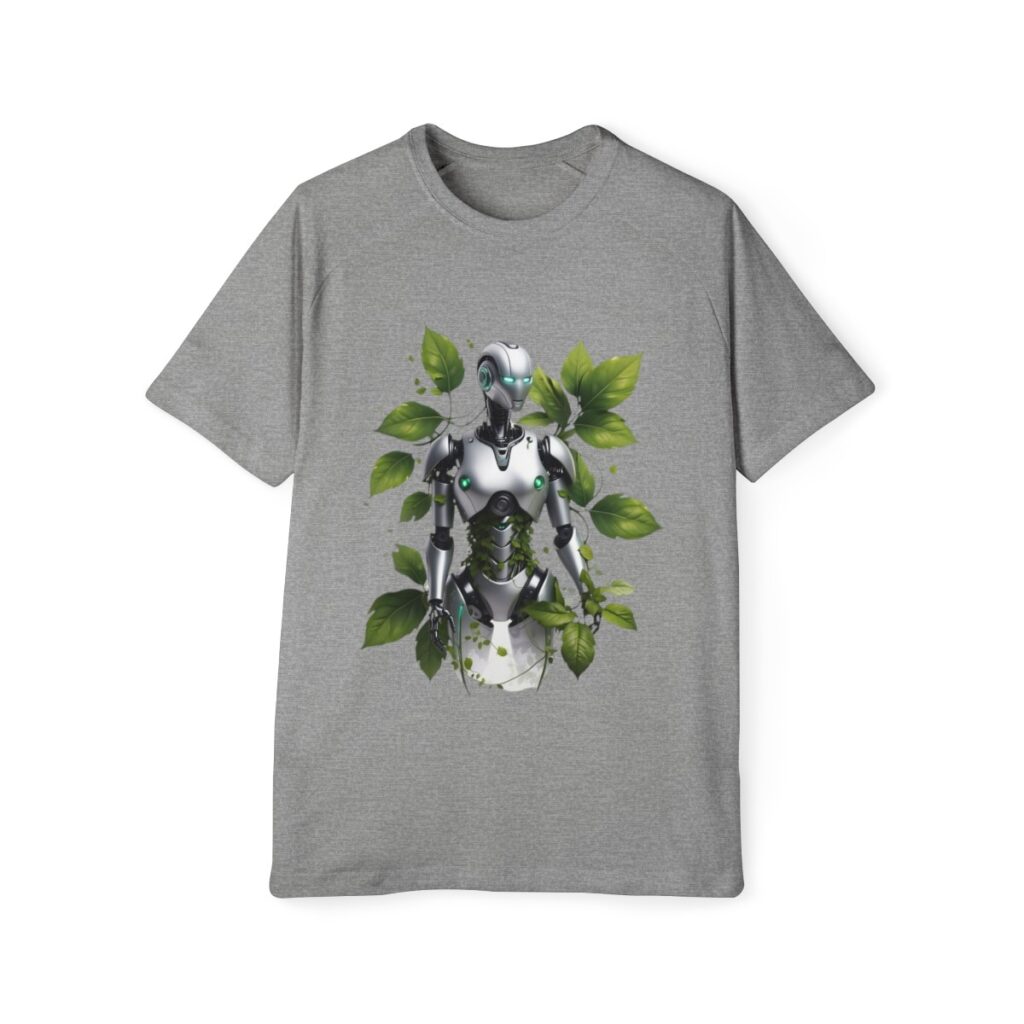 A men's raglan t-shirt featuring a design of a robot intertwined with nature, showcasing a blend of technology and greenery in a modern design tshirt.