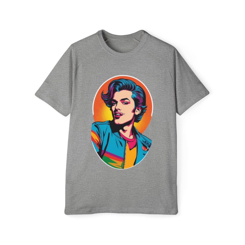 A men's raglan t-shirt featuring a colorful retro pop art portrait design, offering a bold and artistic look in this design tshirt.