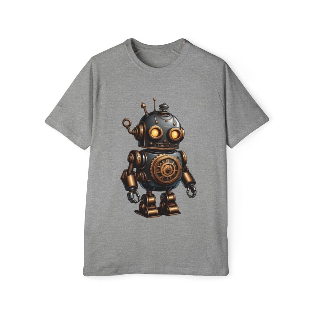 A men's raglan t-shirt featuring a vintage robot design, combining steampunk elements and retro-futurism in a unique design tshirt.