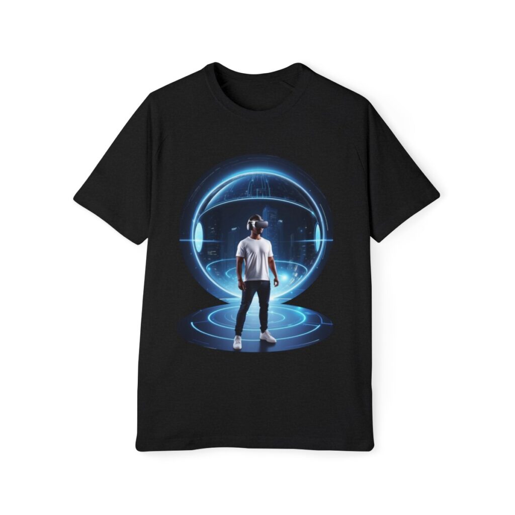 A men's raglan t-shirt featuring a virtual reality design, showcasing a person in a futuristic VR world, symbolizing tech and gaming in a modern design tshirt.