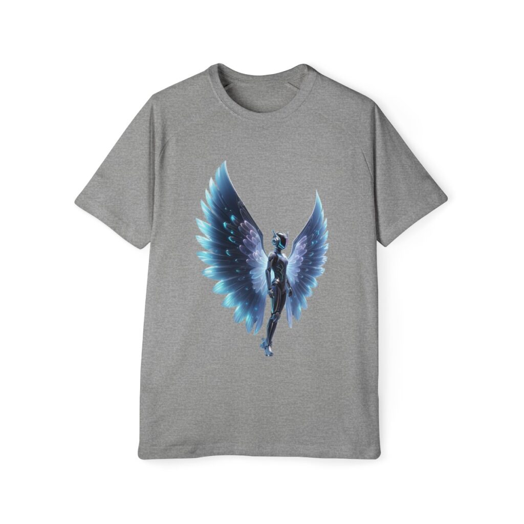 A men's raglan t-shirt featuring a cyber angel design, combining technology and fantasy with a futuristic figure and radiant wings.