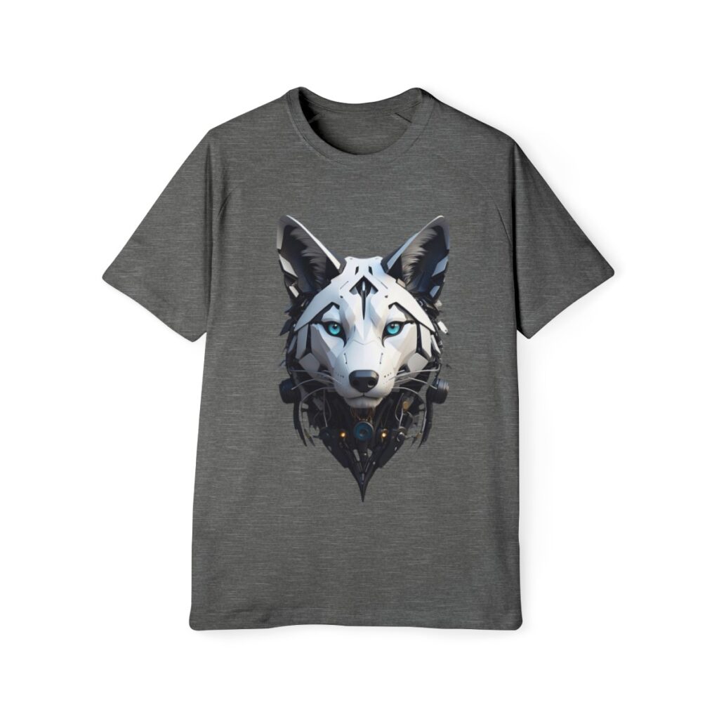 A men's raglan t-shirt featuring a cyber wolf design, blending futuristic technology and nature in this bold design tshirt.