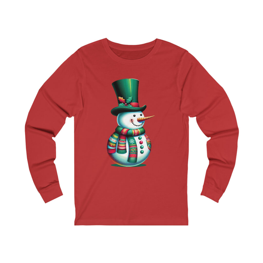 Snowman design on unique tshirt unisex long sleeve