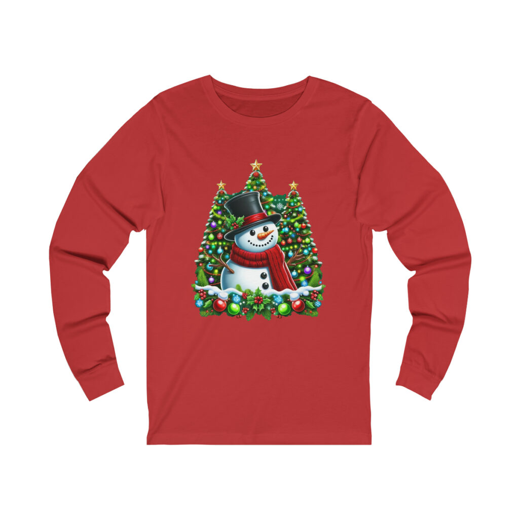 Smiling snowman standing in front of decorated Christmas trees.