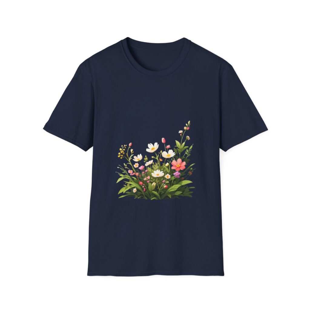 Blossoming meadow design on unique tshirt for nature lovers