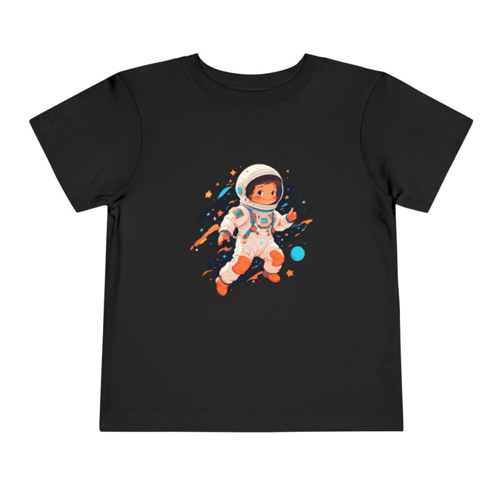 A playful astronaut design tshirt for toddlers floating in space